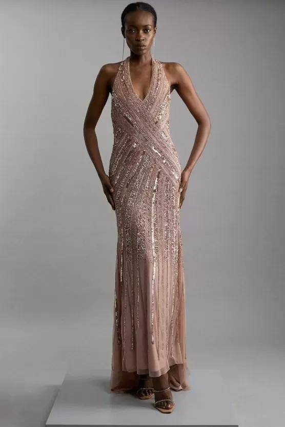 Cheap Karen Millen Metallic Embellished And Beaded Halter Maxi Dress rosegold