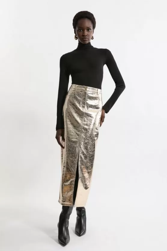 Flash Sale Karen Millen Metallic Faux Leather Midi Skirt gold