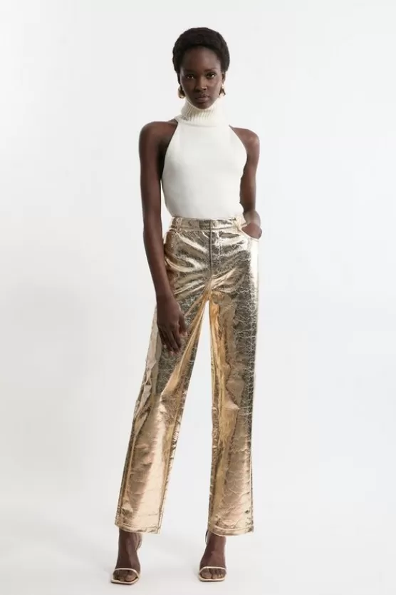 Best Karen Millen Metallic Faux Leather Straight Pants gold