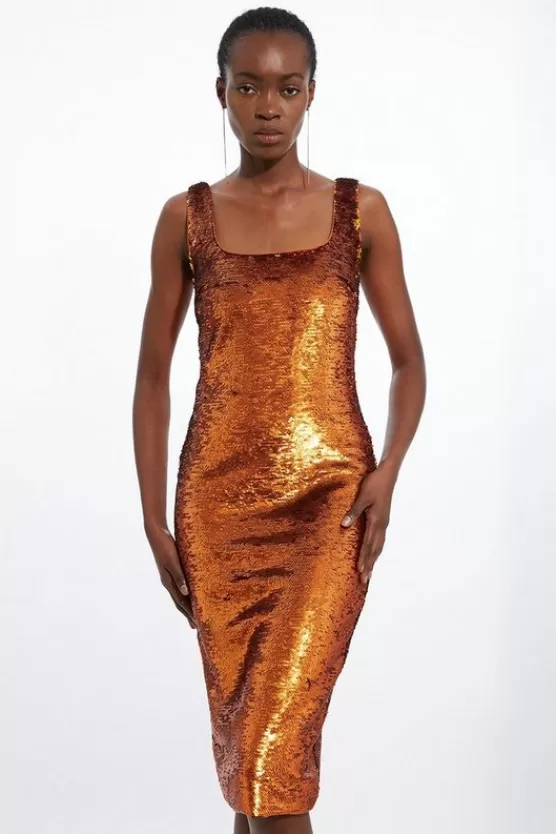 Cheap Karen Millen Metallic Sequin Strappy Woven Column Midi Dress bronze