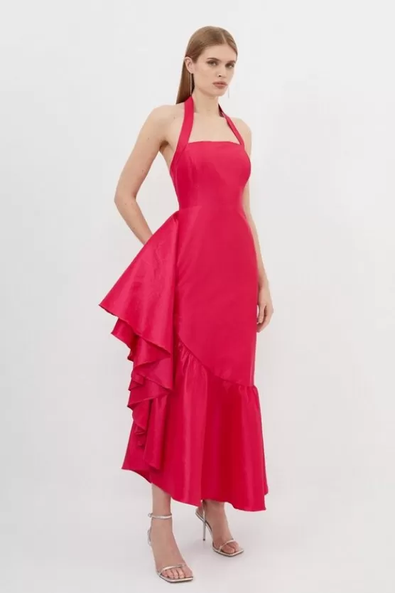 Best Sale Karen Millen Metallic Taffeta Halterneck Ruffle Hem Maxi Dress pink