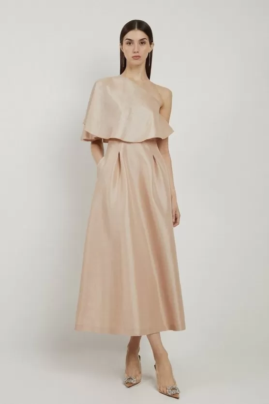 Cheap Karen Millen Metallic Taffeta One Shoulder Ruffle Midi Dress champagne