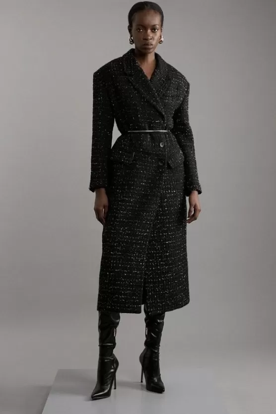 Sale Karen Millen Metallic Texture Check Darted Waist Midaxi Tailored Coat black