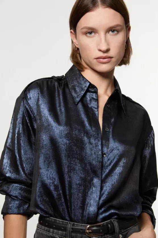 Online Karen Millen Metallic Woven Collared Shirt navy