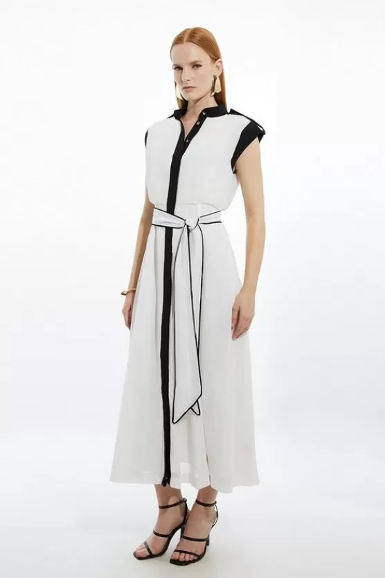 Shop Karen Millen Military Mono Sleeveless Belted Woven Midi Dress neutral