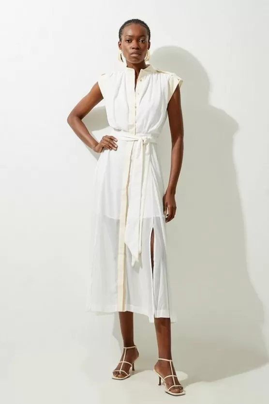 New Karen Millen Military Mono Sleeveless Belted Woven Midi Dress white