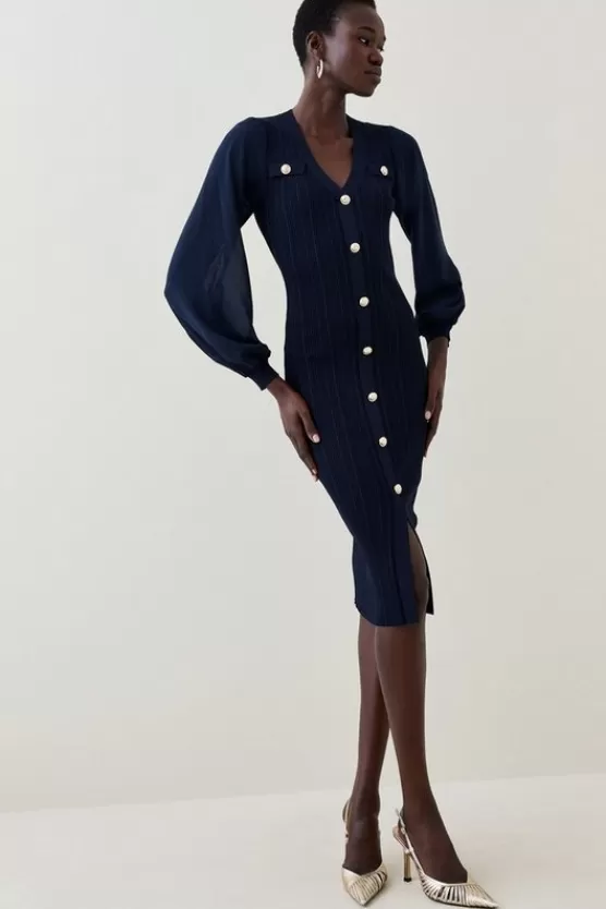 Sale Karen Millen Military Rib Knit Georgette Sleeve Midi Dress navy