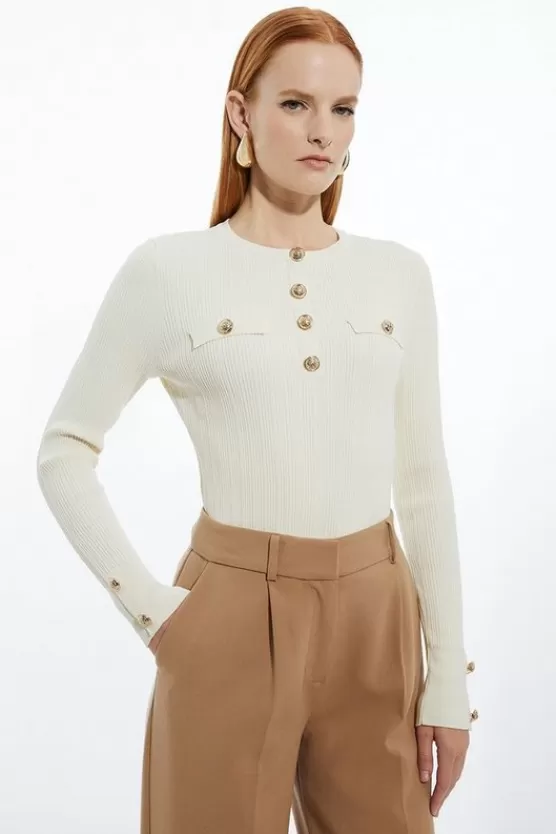 Discount Karen Millen Military Trim Rib Long Sleeve Knit Top cream