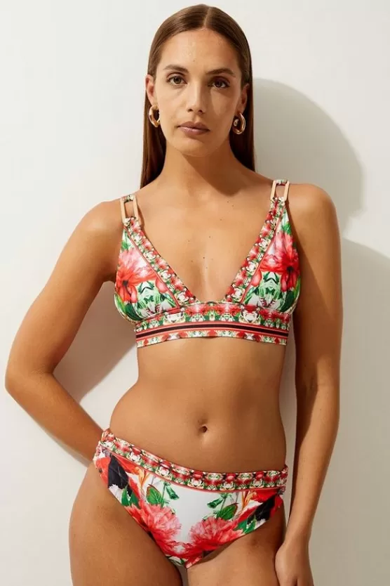 Fashion Karen Millen Mirror Floral Print Trim Detail Bikini Top multi