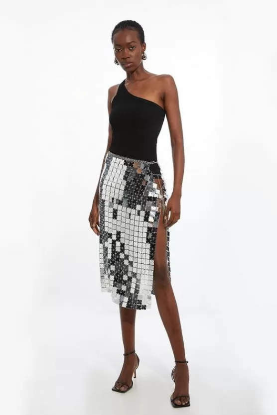 Hot Karen Millen Mirrored Chainmail Wrap Midaxi Skirt pewter