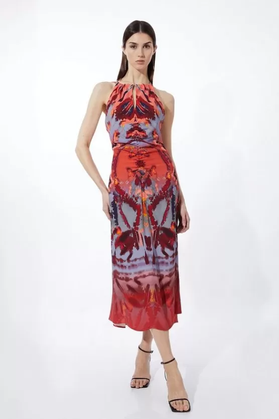 Hot Karen Millen Mirrored Print Satin Crepe Woven Maxi Dress multi