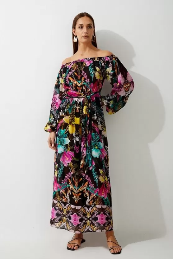 Outlet Karen Millen Mirrored Tropical Viscose Georgette Off The Shoulder Beach Maxi Dress multi