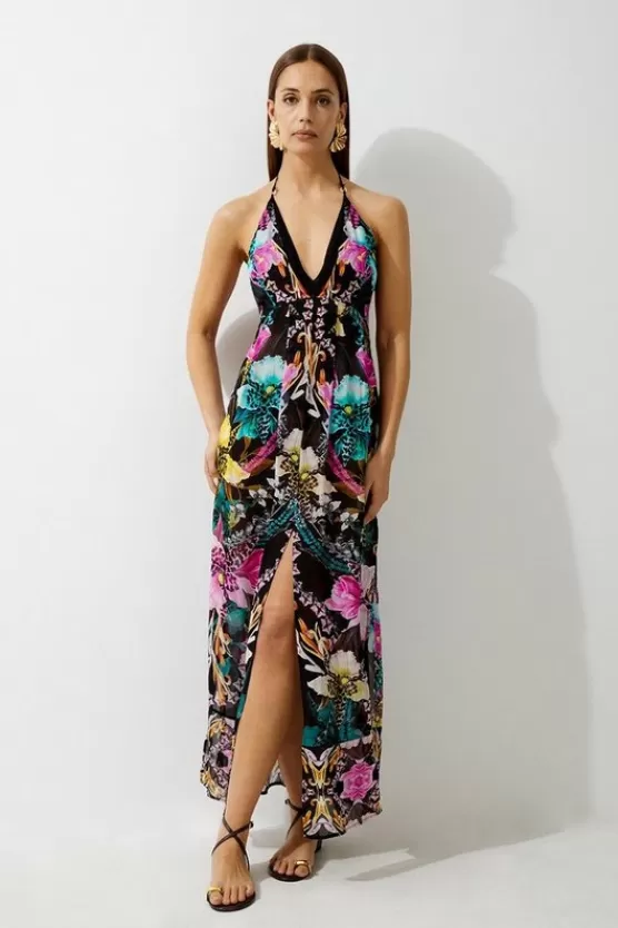 Fashion Karen Millen Mirrored Tropical Viscose Georgette Strappy Beach Dress multi