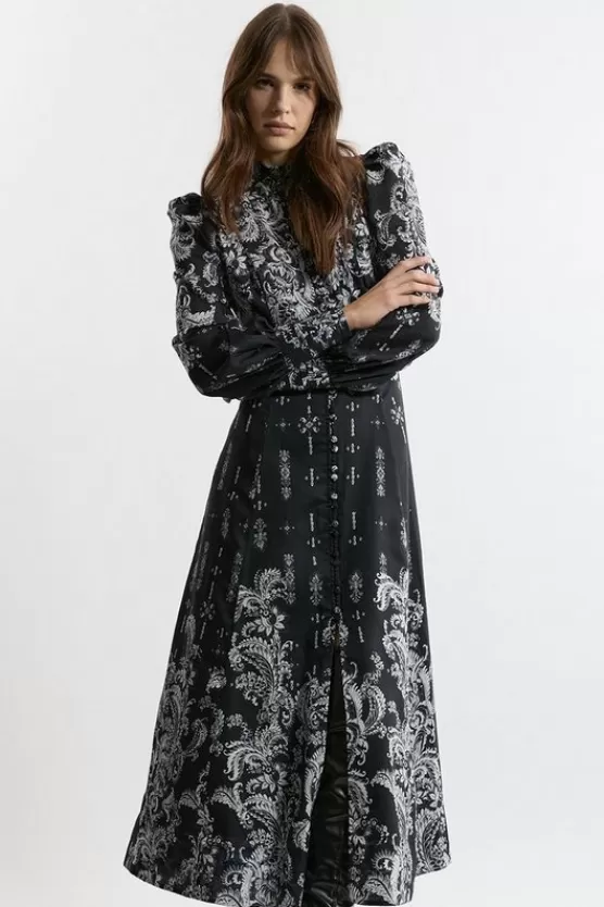 Best Karen Millen Mono Floral Woven Button Up Maxi Dress black