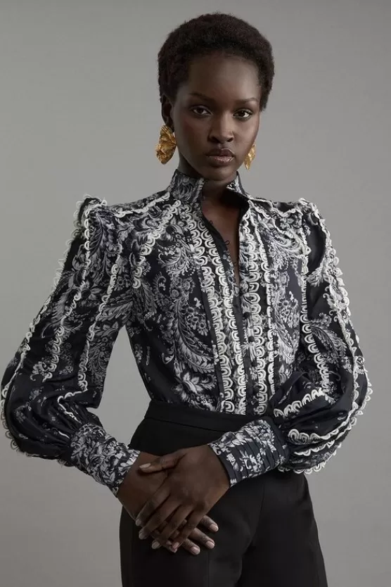 Shop Karen Millen Mono Floral Woven High Neck Blouse black