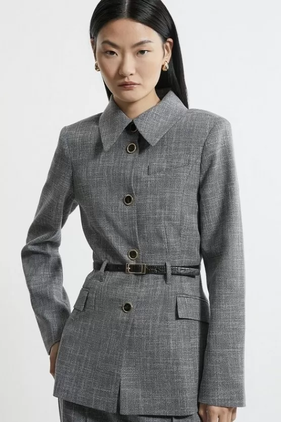 Cheap Karen Millen Texture Belted Collared Button Front Tailored Jacket mono