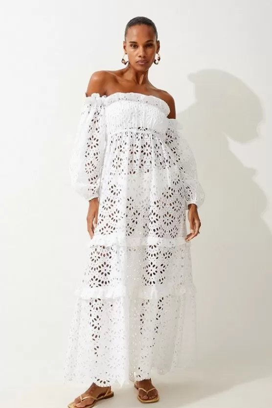 Clearance Karen Millen Off Shoulder Eyelet Maxi Beach Woven Dress white