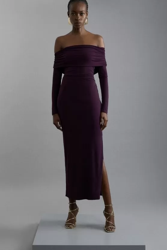 Best Karen Millen Off The Shoulder Drapey Midi Dress aubergine