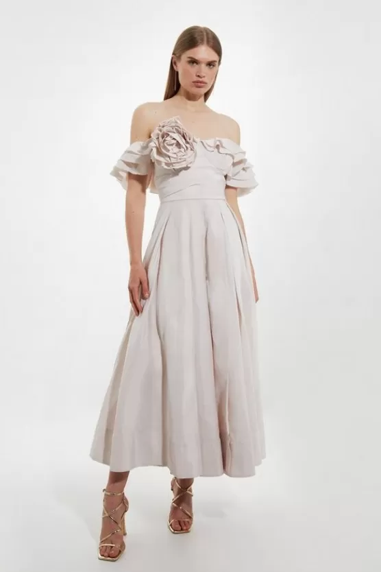 Cheap Karen Millen Off The Shoulder Taffeta Ruffle Woven Maxi Dress neutral