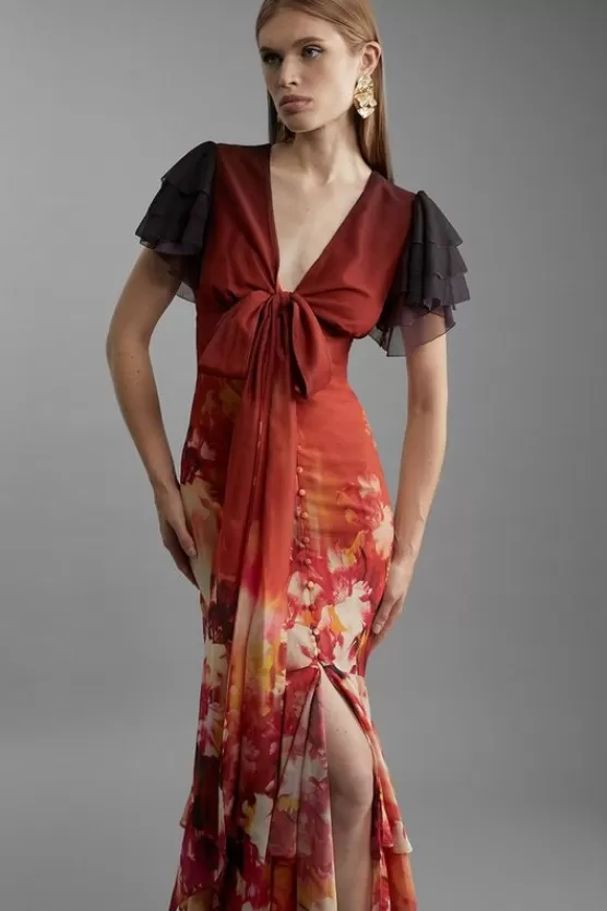 Store Karen Millen Ombre Floral Ruffle Sleeve Button Through Maxi Dress burntorange