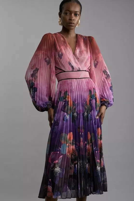 Discount Karen Millen Ombre Floral Soft Pleated Long Sleeve Maxi Dress purple