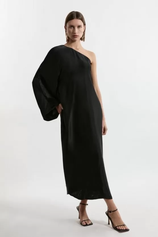 Best Karen Millen One Shoulder Draped Satin Woven Midaxi Dress black