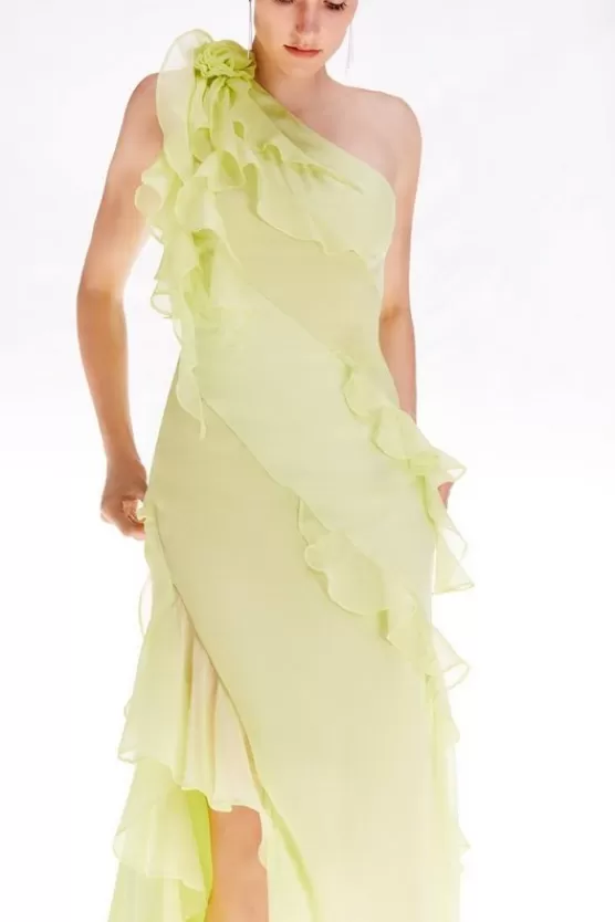 Best Karen Millen Ooto Crinkle Viscose Rosette Detail Woven Split Front Maxi Dress lemon