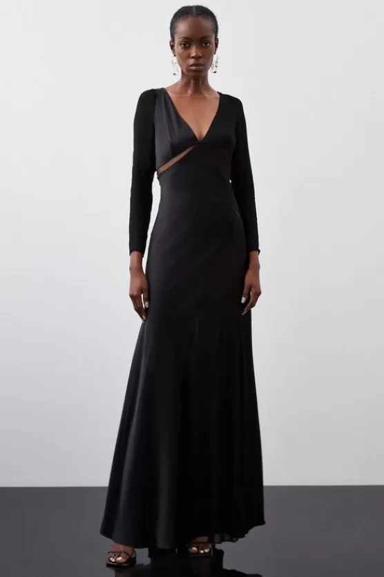 Discount Karen Millen Ooto Sheer Panelled Long Sleeve Woven Maxi Dress black