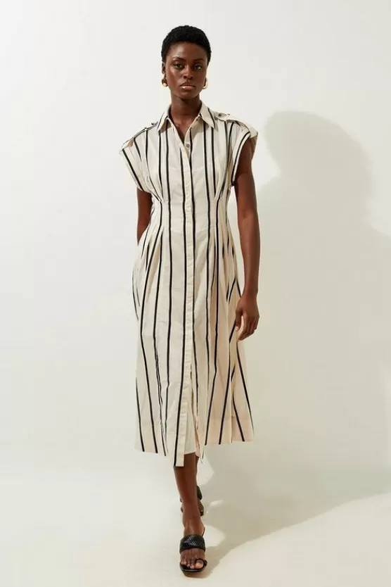 Hot Karen Millen Organdie Stripe Woven Belted Shirt Dress mono