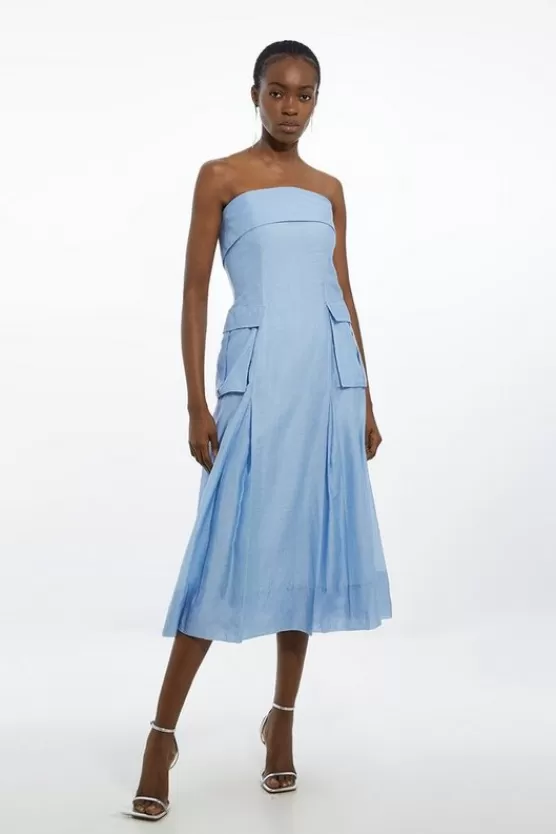 Hot Karen Millen Organdie Slub Utility Detail Bandeau Woven Maxi Dress paleblue