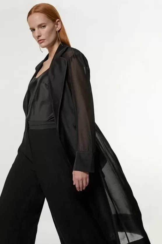 Hot Karen Millen Organza And Satin Mix Tailored Sheer Trench Coat black
