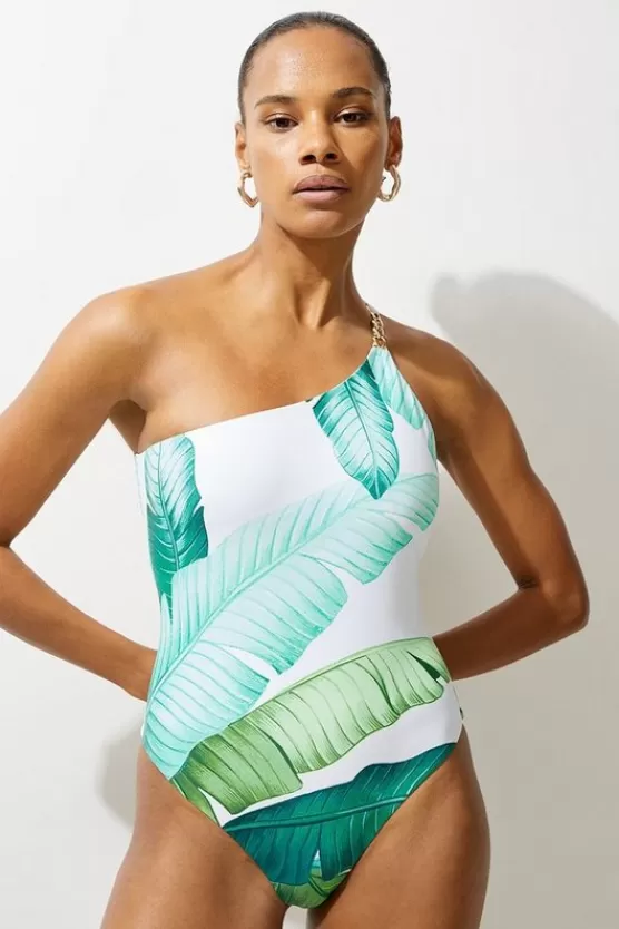 Clearance Karen Millen Palm Print One Shoulder Cut Out Swimsuit multi