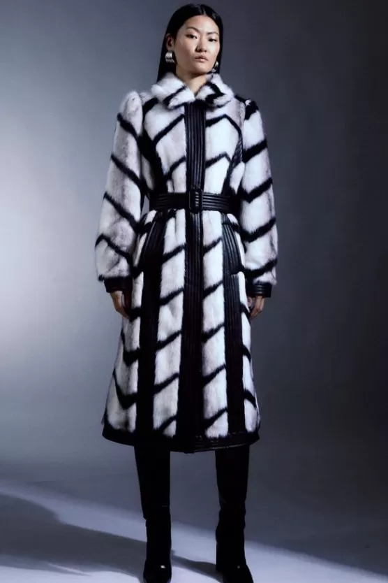 Best Sale Karen Millen Panelled Stripe Faux Fur Pu Belted Long Coat mono