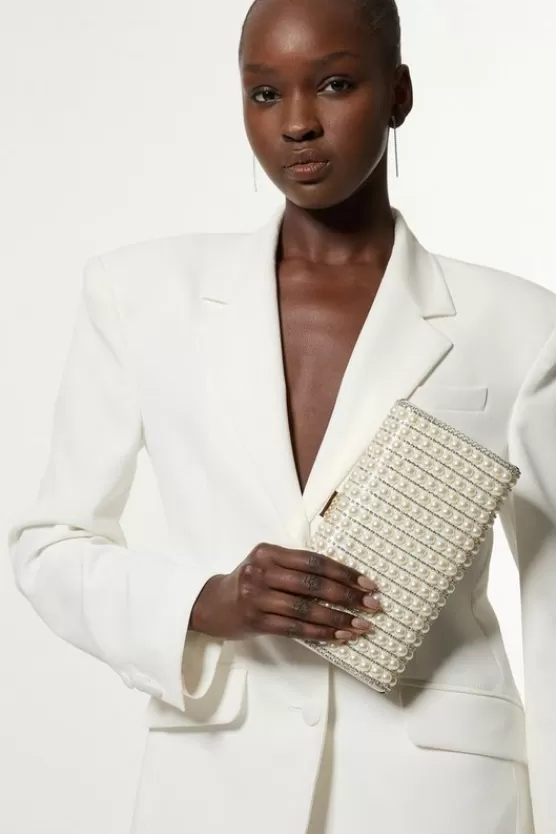 New Karen Millen Pearl Embellished Clutch ivory