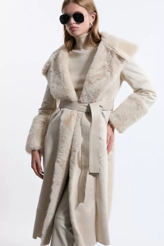 Online Karen Millen Petite Faux Shearling Collar & Cuff Belted Long Coat ivory