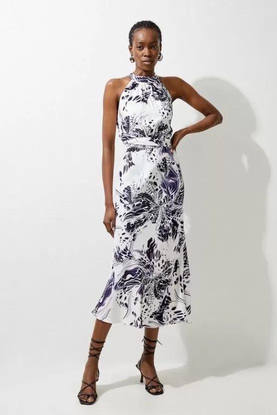 New Karen Millen Petite Abstract Floral Satin Woven Halter Midi Dress purple