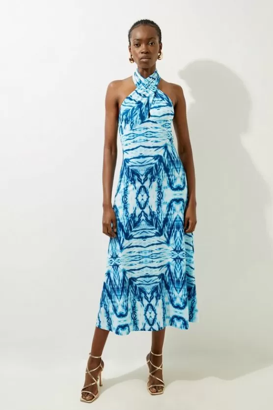 Clearance Karen Millen Petite Abstract Geo Print Knot Neck Jersey Midi Dress blue