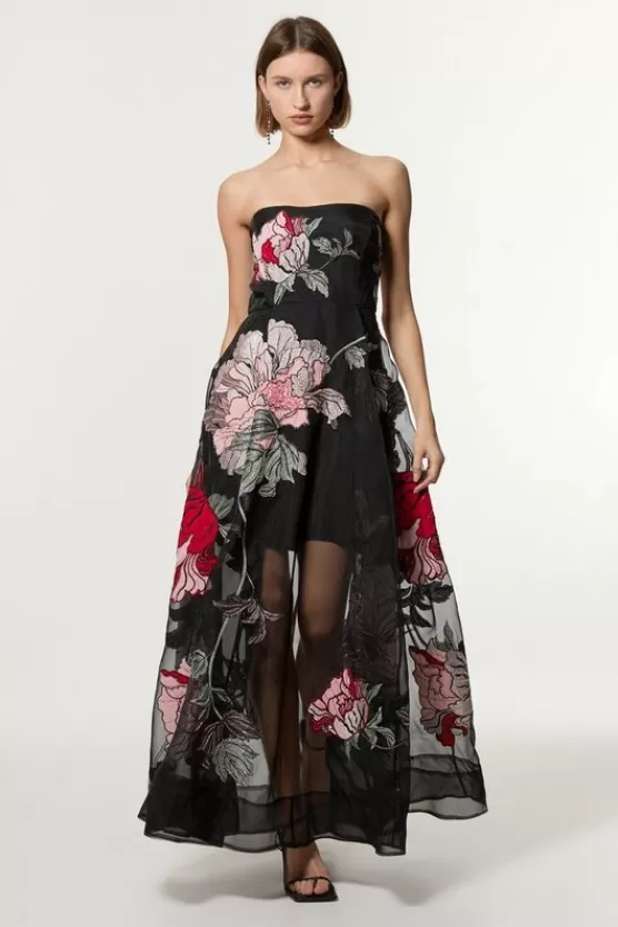 Fashion Karen Millen Petite Applique And Embroidered Organdie Woven Midaxi Bandeau Dress With Beading floral