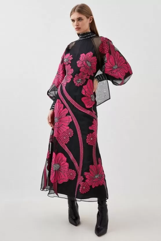 New Karen Millen Petite Applique Organdie Floral Graphic Woven Maxi Dress black