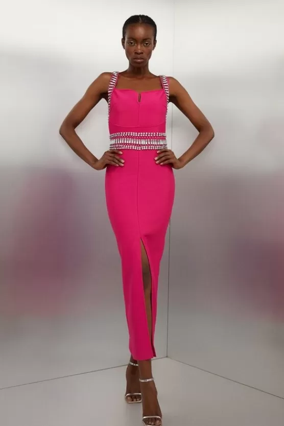 New Karen Millen Petite Bandage Figure Form Knit Embellished Maxi Dress fuchsia