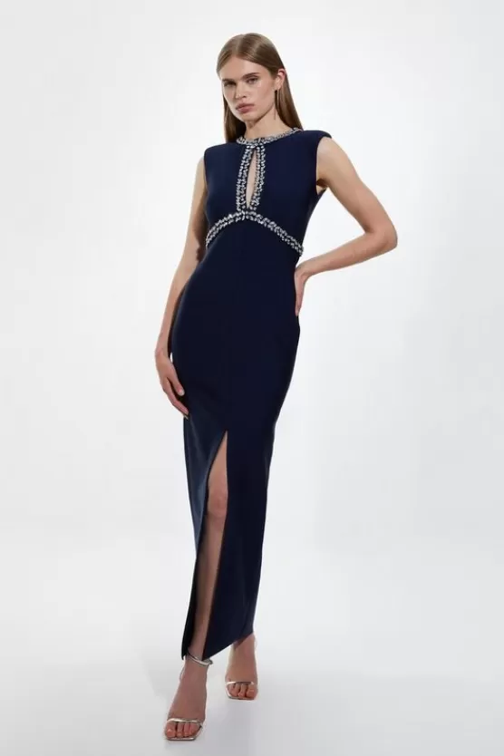 Cheap Karen Millen Petite Bandage Figure Form Knit Embellished Maxi Dress navy