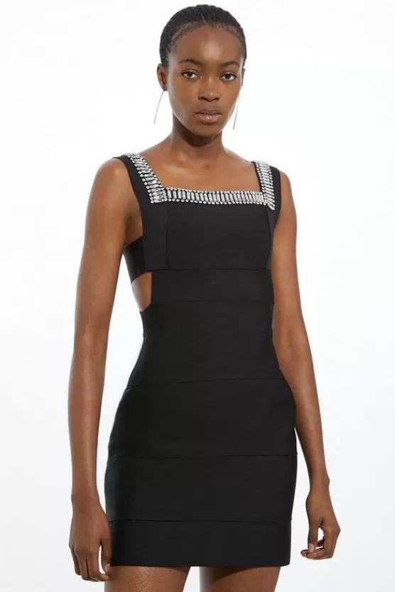 Discount Karen Millen Petite Bandage Figure Form Knit Embellished Square Neck Mini Dress black