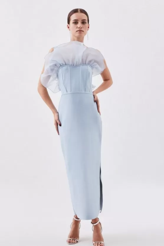 Hot Karen Millen Petite Bandage Figure Form Knit Organza Frill Midaxi Dress paleblue