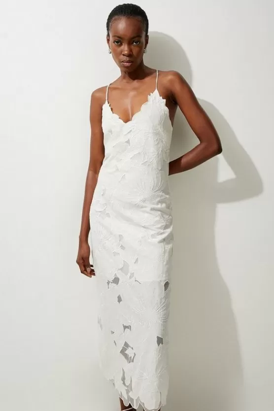 Sale Karen Millen Petite Beaded Cotton Organdie Cutwork Woven Strappy Midi Dress white