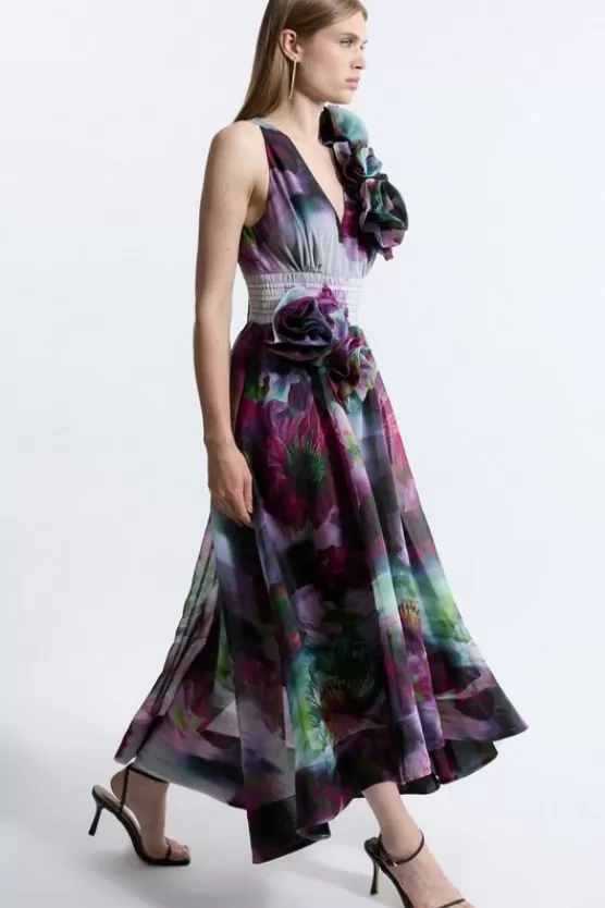 Cheap Karen Millen Petite Blurred Organdie Rosette Detail Midaxi Dress floral