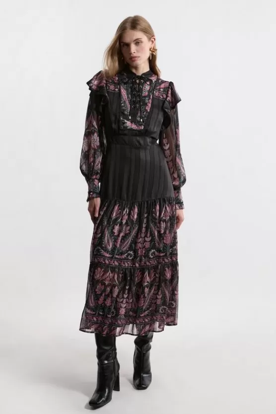 Hot Karen Millen Petite Boho Woven Maxi Dress With Lace Front Detail floral