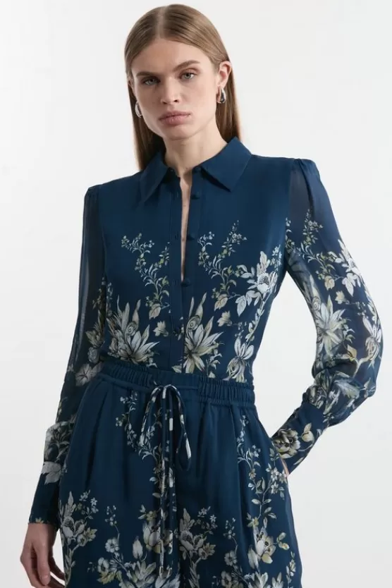 Clearance Karen Millen Petite Border Print Viscose Piped Woven Shirt Balloon Sleeve Shirt darknavy