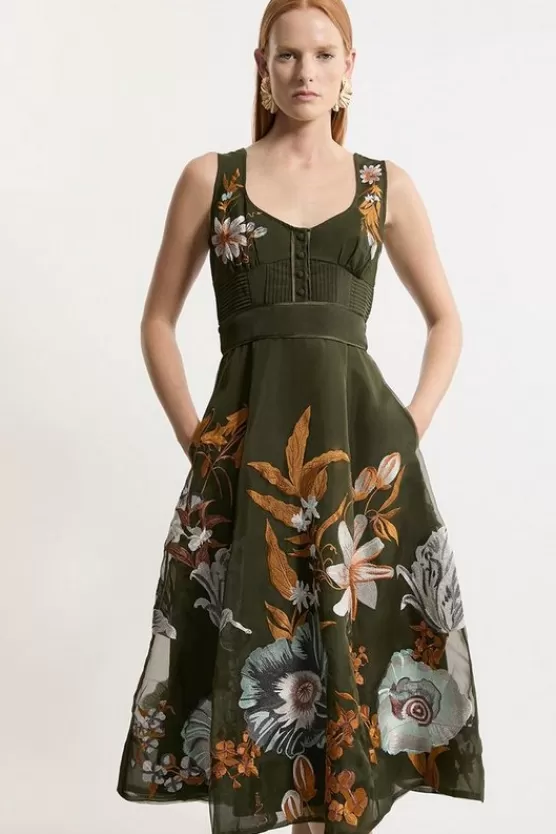 Best Karen Millen Petite Botanical Embroidery Organdie Strappy Woven Dress khaki