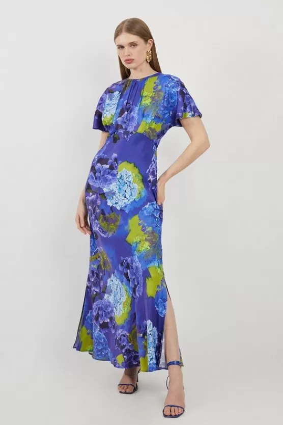 Fashion Karen Millen Petite Bright Floral Print Satin Back Crepe Woven Maxi Dress purple
