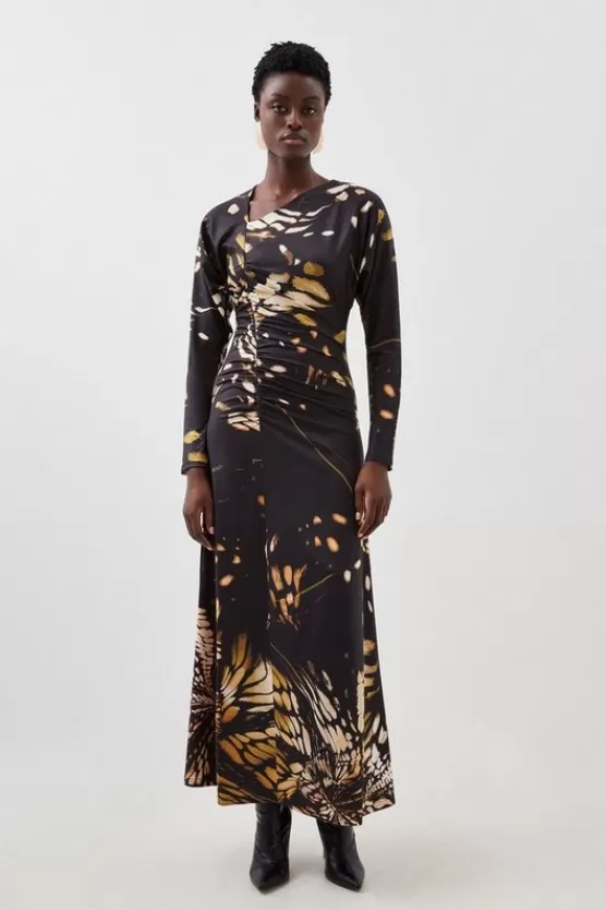 Sale Karen Millen Petite Butterfly Print Asymmetric Jersey Crepe Maxi Dress black